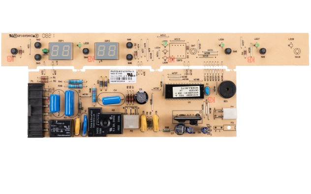 Appliance control board with digital displays, relays, and capacitors